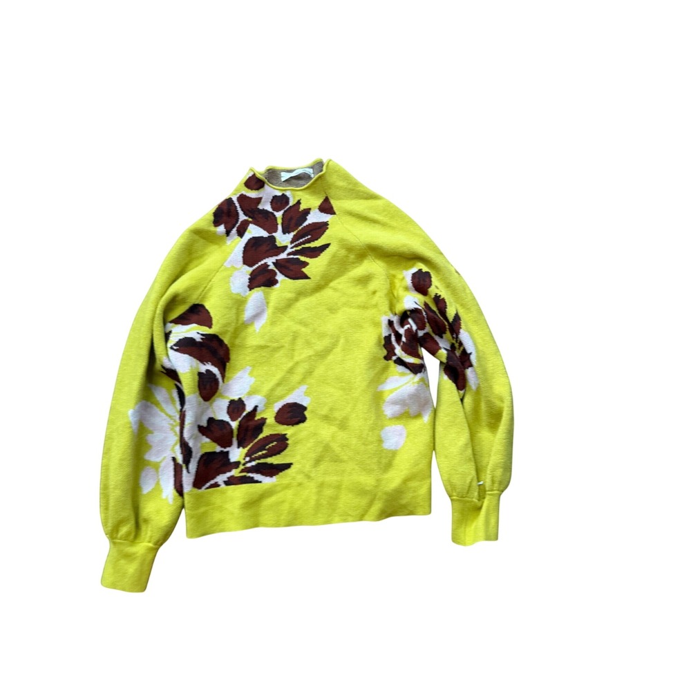 Anthropologie‎ Floral Mock Neck Pullover Sweater Yellow Chartreuse Small Raglan